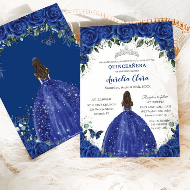Quinceañera Royal Blåa blommor Princess Birthday Inbjudningar (Skapare uppladdad)