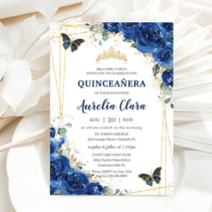 Quinceañera Royal Blue Blommigt Butterflies Birthd Inbjudningar