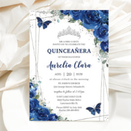 Quinceañera Royal Blue Blommigt Butterflies Birthd Inbjudningar