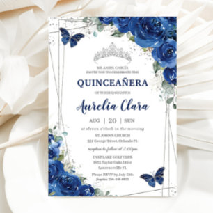 Quinceañera Royal Blue Blommigt Butterflies Birthd Inbjudningar