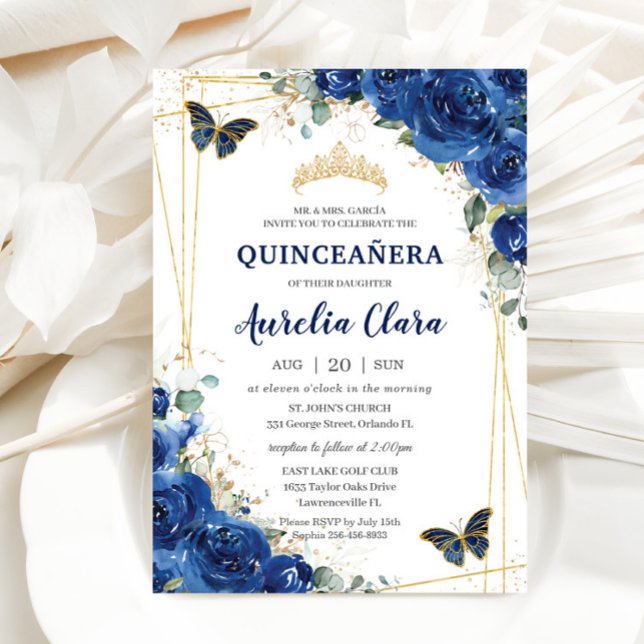 Quinceañera Royal Blue Blommigt Butterflies Birthd Inbjudningar (Skapare uppladdad)