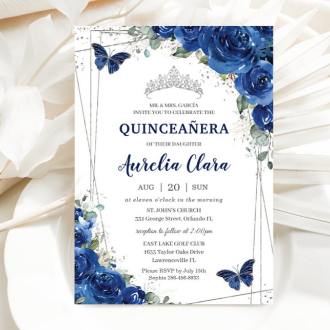 Quinceañera Royal Blue Blommigt Butterflies Birthd Inbjudningar (Skapare uppladdad)