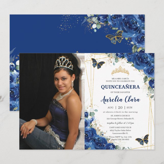 Quinceañera Royal Blue Blommigt Butterflies Birthd Inbjudningar (Fram/baksida)