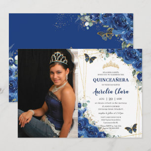 Quinceañera Royal Blue Blommigt Butterflies Birthd Inbjudningar