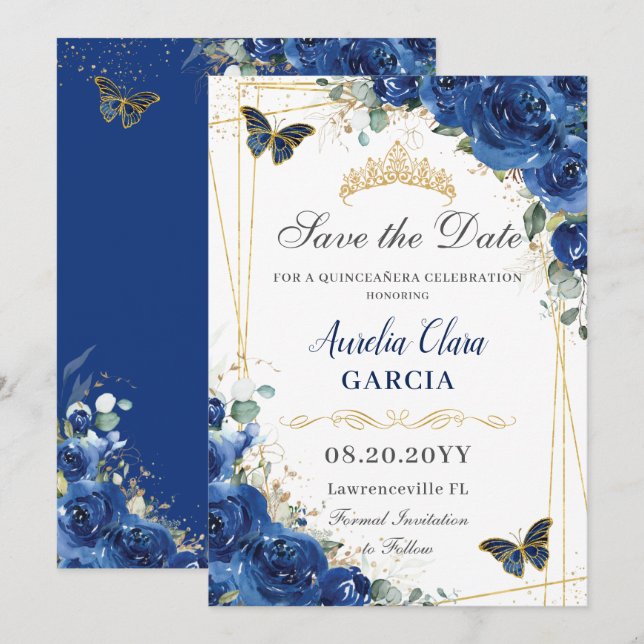 Quinceañera Royal Blue Blommigt Butterflies Birthd Spara Datumet (Fram/baksida)
