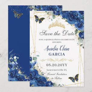 Quinceañera Royal Blue Blommigt Butterflies Birthd Spara Datumet