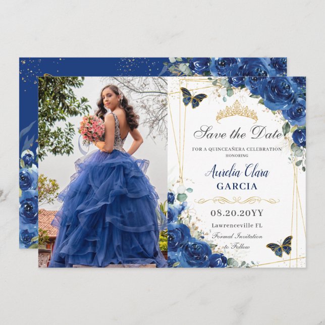 Quinceañera Royal Blue Blommigt Butterflies Birthd Spara Datumet (Fram/baksida)