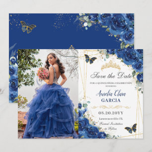 Quinceañera Royal Blue Blommigt Butterflies Birthd Spara Datumet