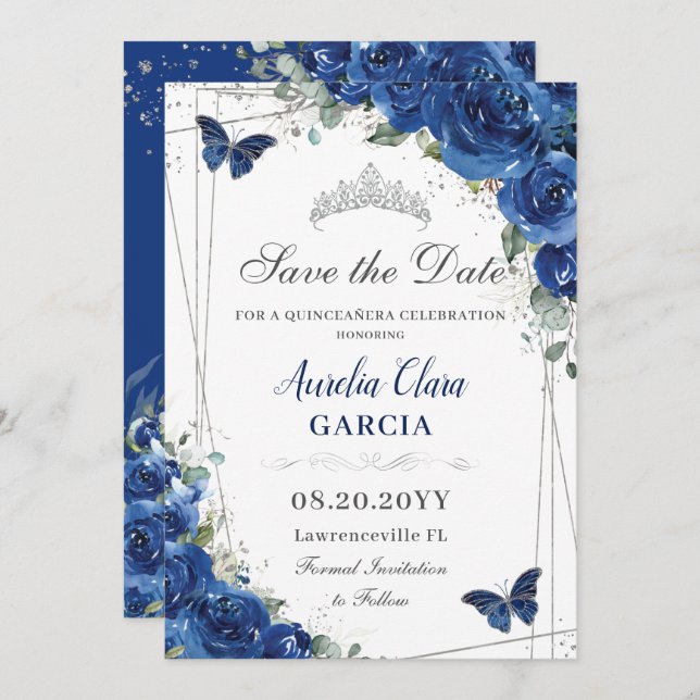 Quinceañera Royal Blue Blommigt Butterflies Birthd Spara Datumet (Fram/baksida)