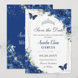Quinceañera Royal Blue Blommigt Butterflies Birthd Spara Datumet