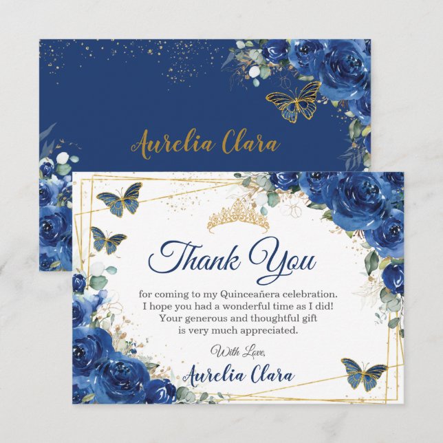 Quinceañera Royal Blue Blommigt Butterflies Birthd Tack Kort (Fram/baksida)