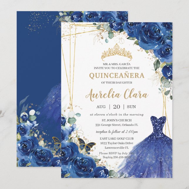 Quinceañera Royal Blue Blommigt Dress 16:e födelse Inbjudningar (Fram/baksida)