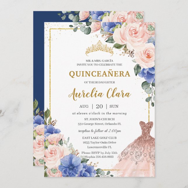 Quinceañera Royal Blue  Blommigt Dress Tiara Inbjudningar (Fram/baksida)