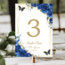 Quinceañera Royal Blue Blommigt Guld Butterflies