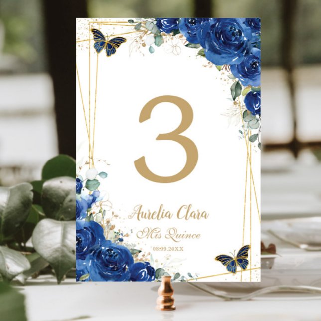 Quinceañera Royal Blue Blommigt Guld Butterflies Bordsnummer (Skapare uppladdad)