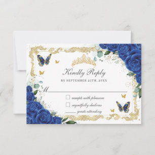 Quinceañera Royal Blue Blommigt Guld Butterflies OSA Kort