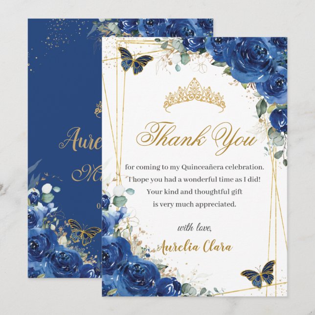 Quinceañera Royal Blue Blommigt Guld Butterflies Tack Kort (Fram/baksida)
