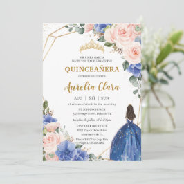 Quinceañera Royal Blue  Blommigt Guld Princess Inbjudningar