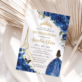 Quinceañera Royal Blue Blommigt Paris Eiffel Guld Inbjudningar