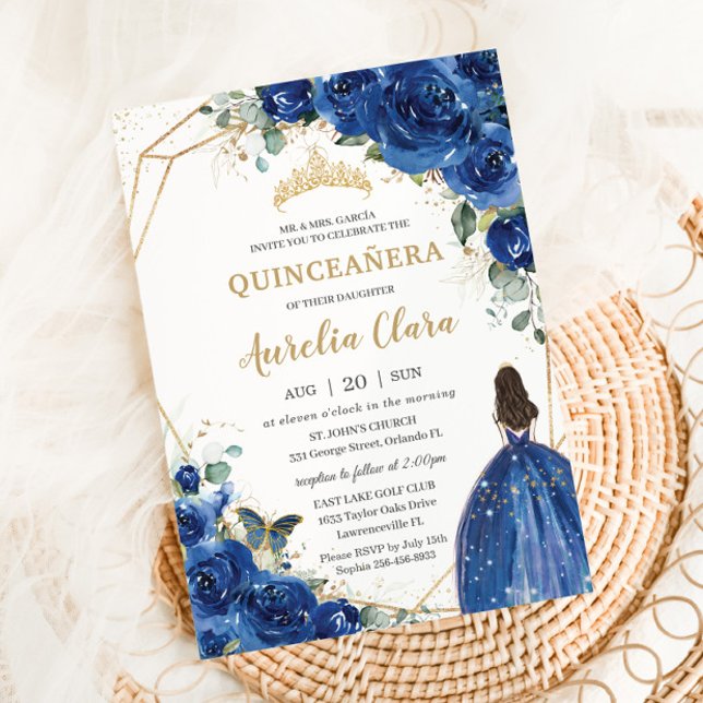 Quinceañera Royal Blue Blommigt Princess 15 Años Inbjudningar (Skapare uppladdad)