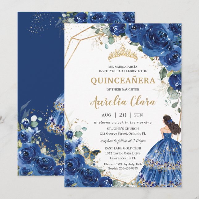 Quinceañera Royal Blue Blommigt Princess 15 Años Inbjudningar (Fram/baksida)