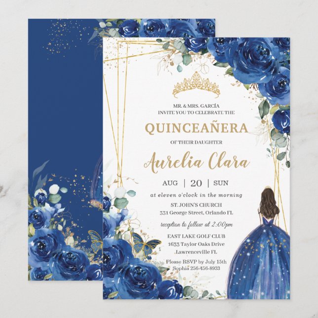 Quinceañera Royal Blue Blommigt Princess 15 Birthd Inbjudningar (Fram/baksida)