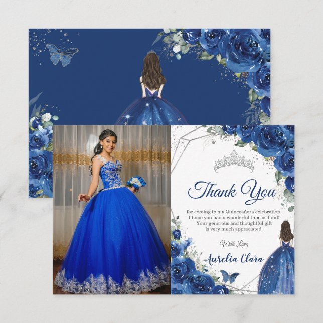 Quinceañera Royal Blue Blommigt Princess Bild Tack Kort (Fram/baksida)