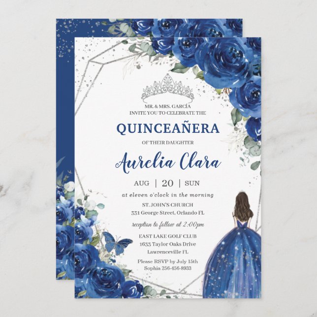 Quinceañera Royal Blue Blommigt Princess Birthday  Inbjudningar (Fram/baksida)