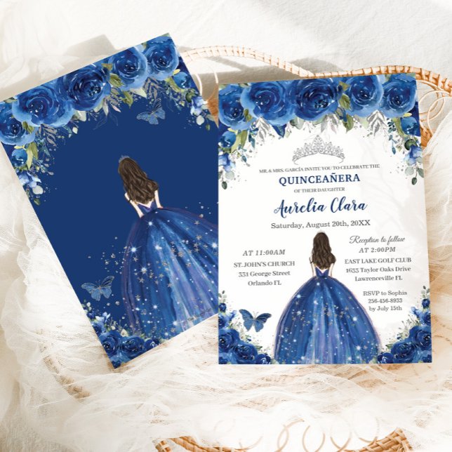 Quinceañera Royal Blue Blommigt Princess Birthday Inbjudningar (Skapare uppladdad)
