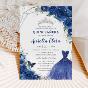 Quinceañera Royal Blue Blommigt Princess Birthday Inbjudningar