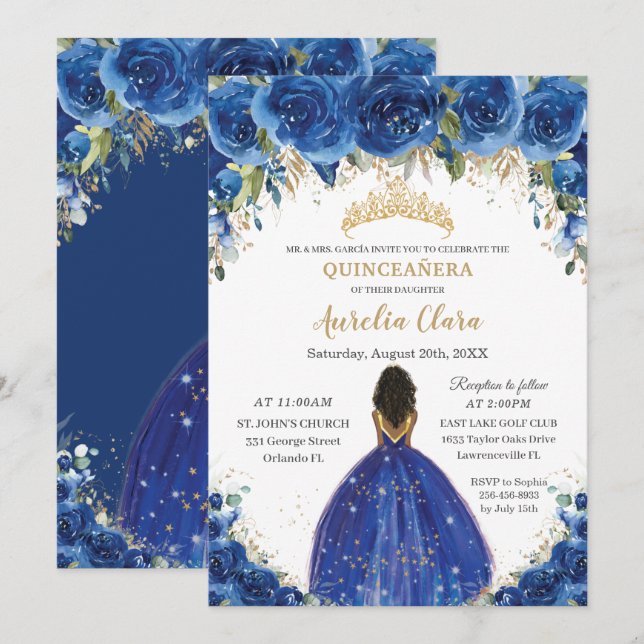 Quinceañera Royal Blue Blommigt Princess Birthday  Inbjudningar (Fram/baksida)