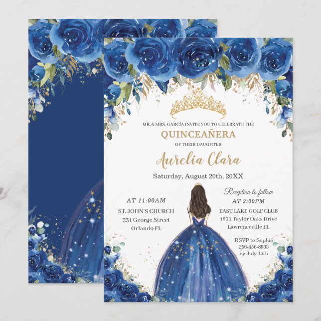 Quinceañera Royal Blue Blommigt Princess Birthday Inbjudningar (Fram/baksida)