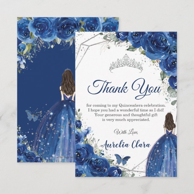 Quinceañera Royal Blue Blommigt Princess Birthday Tack Kort (Fram/baksida)