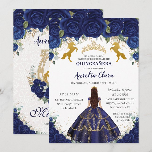 Quinceañera Royal Blue Blommigt Princess Guld Hors Inbjudningar (Fram/baksida)