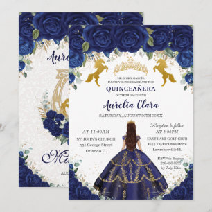 Quinceañera Royal Blue Blommigt Princess Guld Hors Inbjudningar