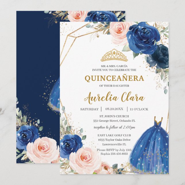 Quinceañera Royal Blue  Blommigt Ro Boll Gown Inbjudningar (Fram/baksida)