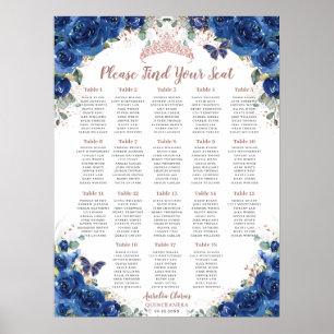 Quinceañera Royal Blue Blommigt Ro Guld säten Poster