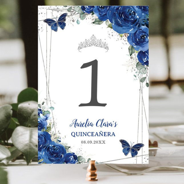 Quinceañera Royal Blue Blommigt Silver Butterflies Bordsnummer (Skapare uppladdad)