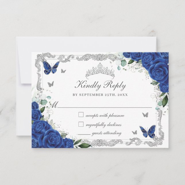 Quinceañera Royal Blue Blommigt Silver Butterflies OSA Kort (Framsida)
