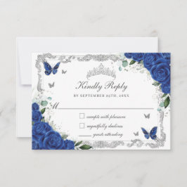 Quinceañera Royal Blue Blommigt Silver Butterflies OSA Kort