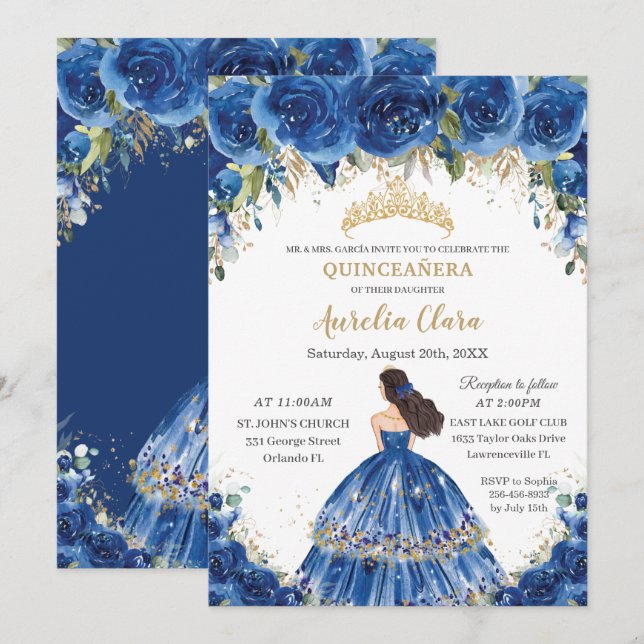 Quinceañera Royal Blue Blommigt Tiara 15:e födelse Inbjudningar (Fram/baksida)
