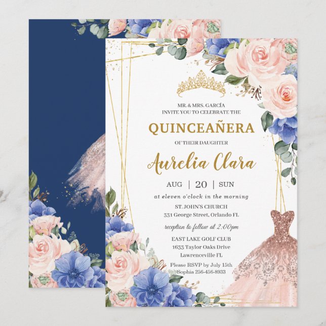 Quinceañera Royal Blue  Blommigt Tiara Dress Inbjudningar (Fram/baksida)