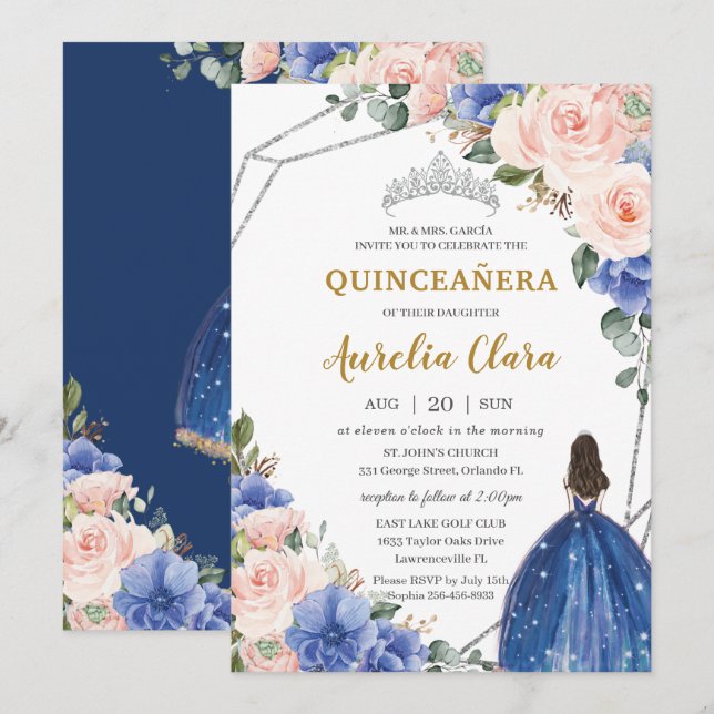 Quinceañera Royal Blue Blush Blommig Silver Tiara Inbjudningar (Fram/baksida)