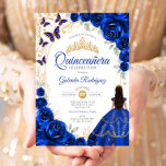 Quinceanera Royal Blue Gold Floral Inbjudningar<br><div class="desc">Royal blue,  gold and white Quinceanera celebration invitation. Features brunette girl in ball gown dress,  script font,  gold butterflies,  watercolor roses and tiara. Perfect for an elegant princess style glam celebration. Personalize with your own details. Printed Zazzle invitations or instant download digital printable template.</div>