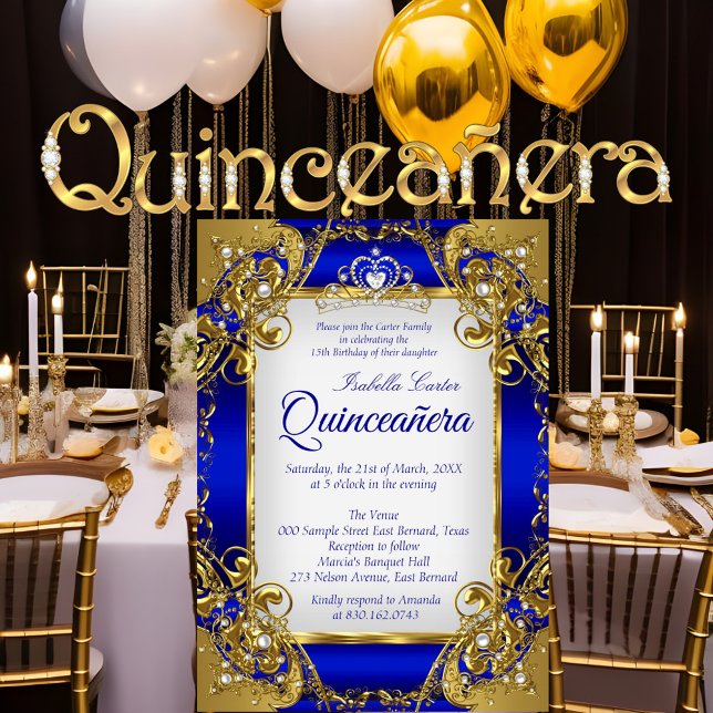 Quinceanera Royal Blue Golden Pearl Tiara Party Inbjudningar (Skapare uppladdad)