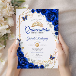 Quinceanera Royal Blue Guld Blommigt Inbjudningar
