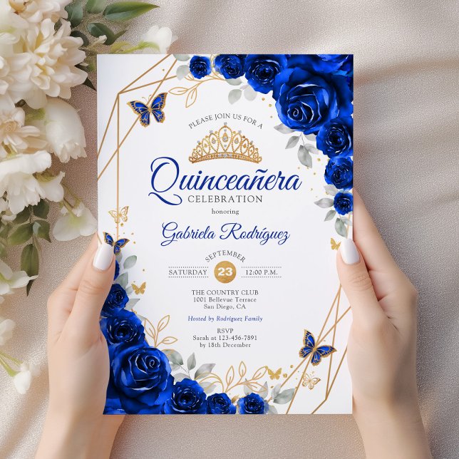 Quinceanera Royal Blue Guld Blommigt Inbjudningar (Skapare uppladdad)