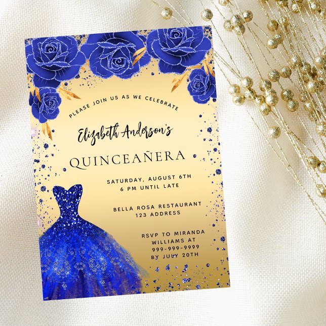 Quinceanera royal blue guld dress blommigt lyxury inbjudningar (Skapare uppladdad)