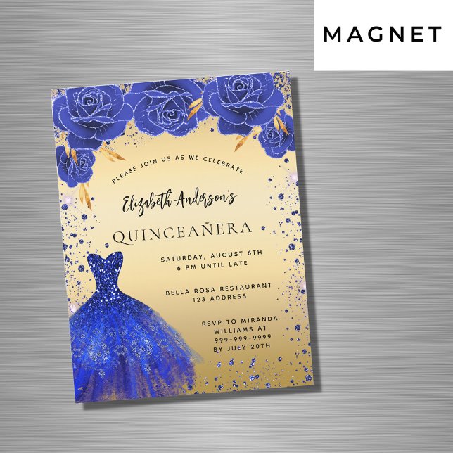 Quinceanera royal blue guld dress blommigt lyxury magnetisk inbjudningskort (Skapare uppladdad)