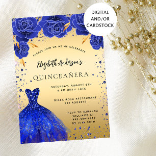 Quinceanera royal blue guld glitter dress blommigt inbjudningar